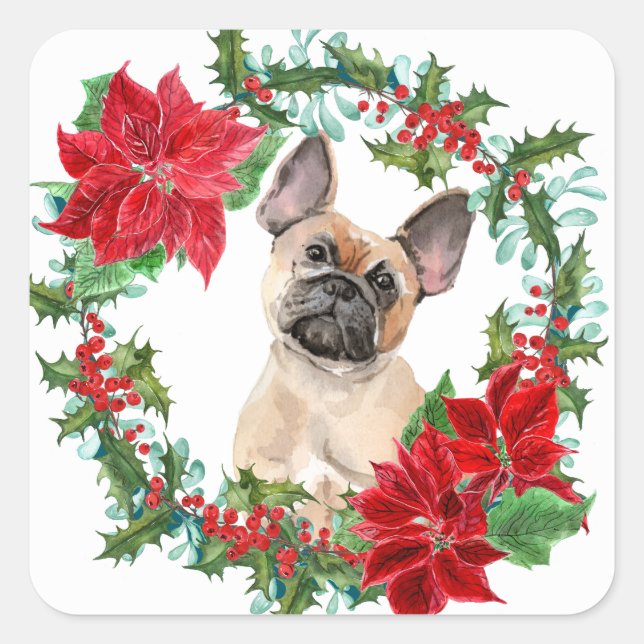 Pegatina Cuadrada Wreath, Navidades de Poinsettia del Bulldog francé (Anverso)