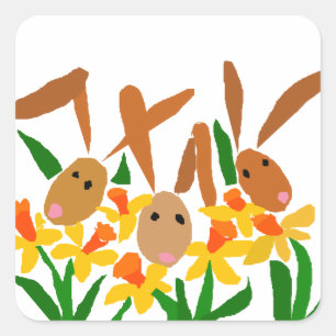 Pegatina Cuadrada WW- Conejos conejos y Daffodis Art