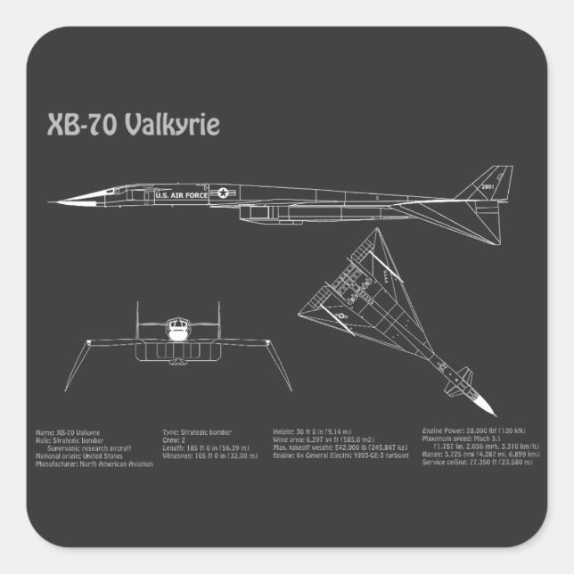 Pegatina Cuadrada XB-70 Valkyrie - Planes Blueprint del avión PD (Anverso)