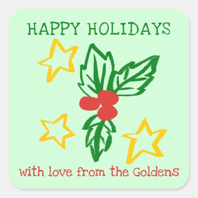 Pegatina Cuadrada Xmas Holly Doodle CHRISTMAS Holiday To From Label (Anverso)