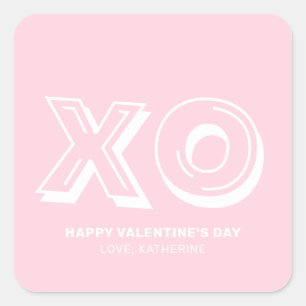 Pegatina Cuadrada XO Feliz Día de San Valentín rosa personalizado