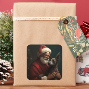 Pegatina Cuadrada Xoloitzcuintli con Santa Claus Navideño Festivo