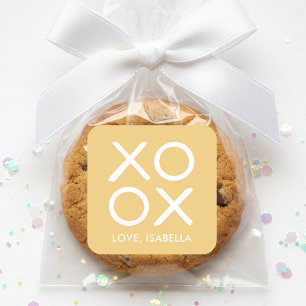 Pegatina Cuadrada XOXO Besos y Abrazos Amarillo Día de San Valentín 