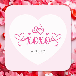 Pegatina Cuadrada XOXO Elegante Script Corazones Rosados Día de San 