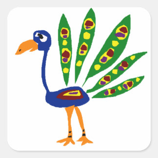 Pegatina Cuadrada XX- Gracioso arte primitivo de pavo real