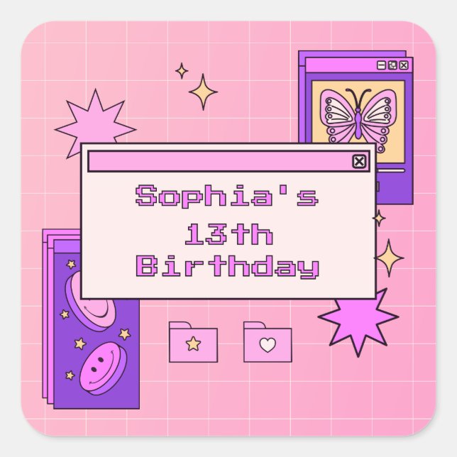 Pegatina Cuadrada Y2K 2000s Retro Computer Interface Birthday Party (Anverso)