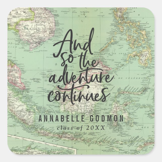 Pegatina Cuadrada Y así la aventura continúa (Anverso)