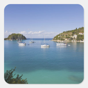 Pegatina Cuadrada Yates anclados, Lakka, Paxos, Grecia