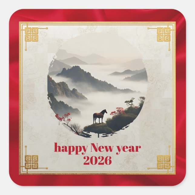 Pegatina Cuadrada Year of the Horse 2026 Chinese New Year Mountain  (Anverso)