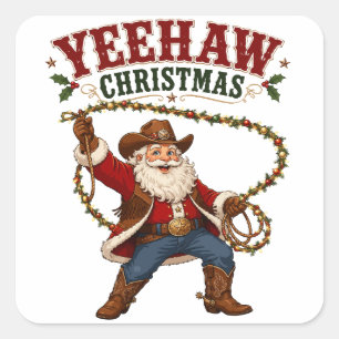 Pegatina Cuadrada Yeehaw Navidad Vaquero Santa