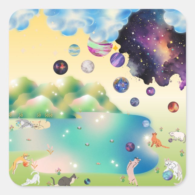Pegatina Cuadrada Yellow Green Blue Purple Cats Playing Planets  (Anverso)