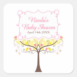 Pegatina Cuadrada Yellow Pink Floral Bird Baby Shower 