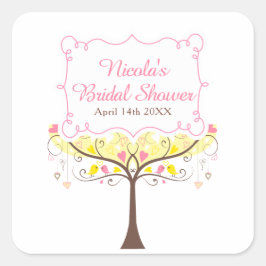 Pegatina Cuadrada Yellow Pink Floral Bird Bridal Shower 