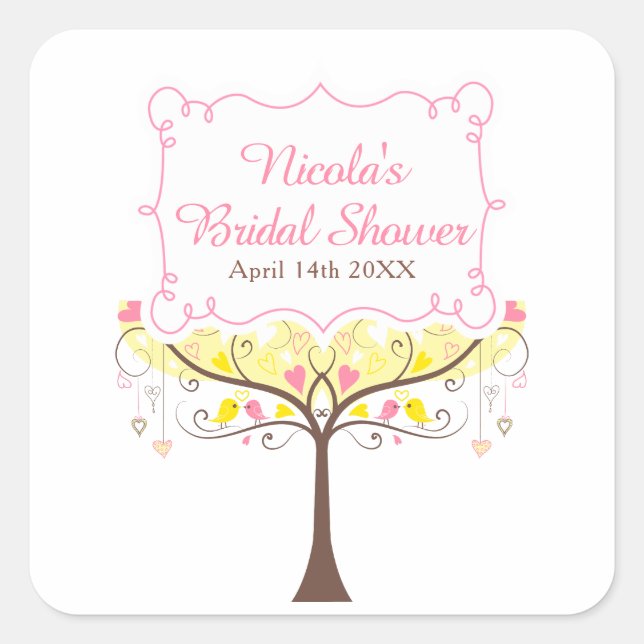 Pegatina Cuadrada Yellow Pink Floral Bird Bridal Shower  (Anverso)