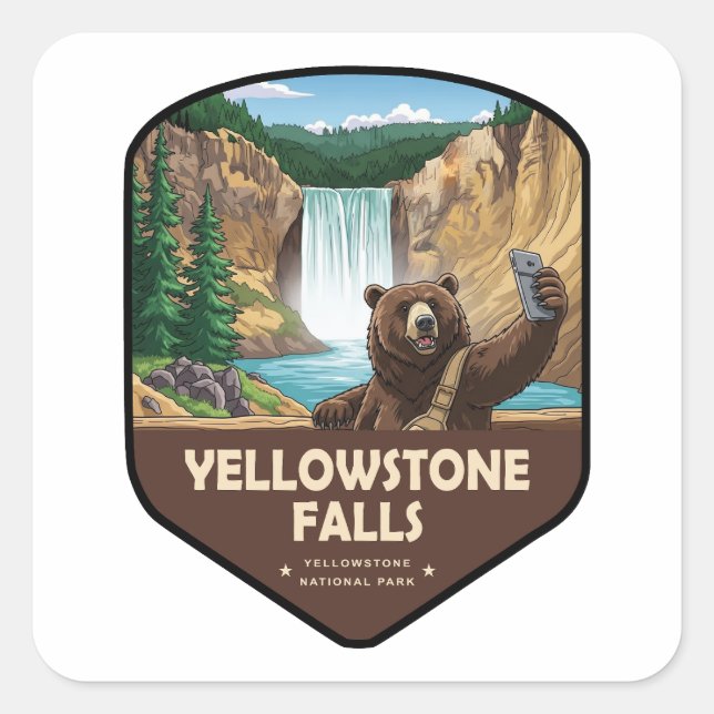 Pegatina Cuadrada Yellowstone Falls Bear Selfie Shield (Anverso)