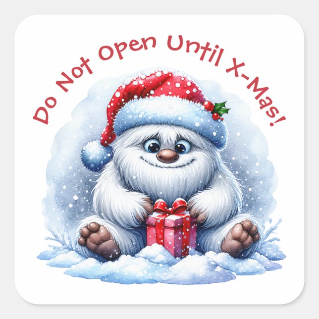 Pegatina Cuadrada Yeti con regalo – No abrir	 (Anverso)