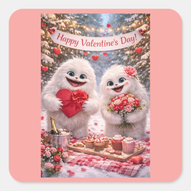 Pegatina Cuadrada Yeti Sasquatch Couple Valentine's Day Stickers (Anverso)