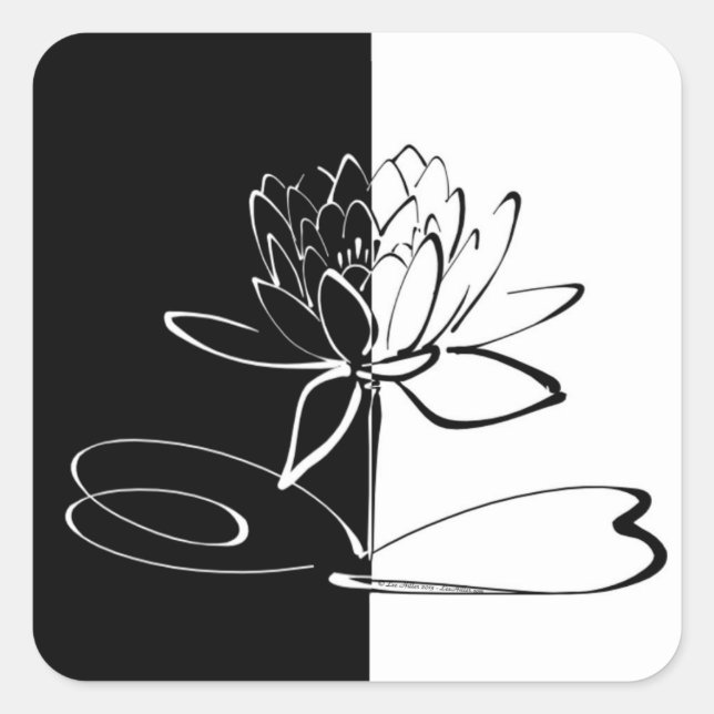 Pegatina Cuadrada Yin Yang Black White Lotus Blossom (Anverso)