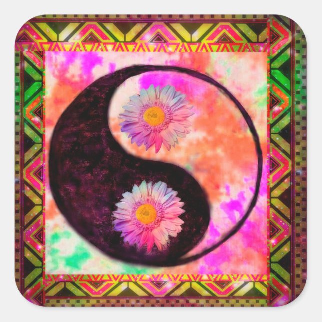 Pegatina Cuadrada Yin Yang Boho Aztec Peace Love Tie Dye Rainbow (Anverso)