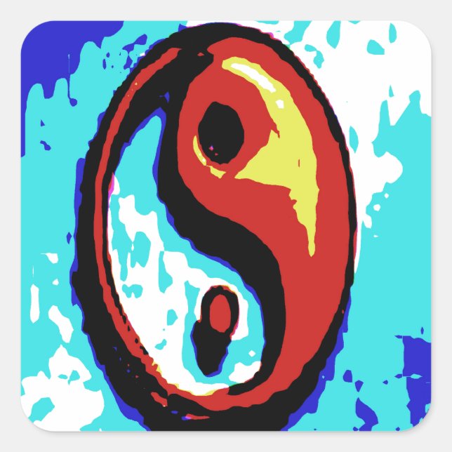 Pegatina Cuadrada Yin Yang Rótulo rojo y azul artístico (Anverso)