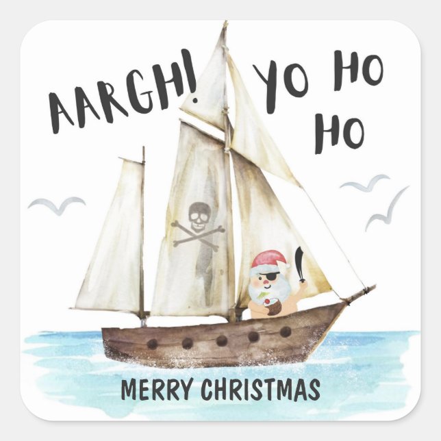 Pegatina Cuadrada Yo Ho Ho Pirate Santa Ship Feliz Navidad (Anverso)