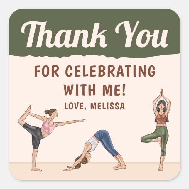 Pegatina Cuadrada Yoga Women Stretching Yoga Birthday Thank You (Anverso)