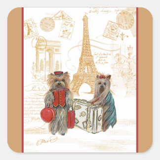 Pegatina Cuadrada Yorkie en París y Torre Eiffel
