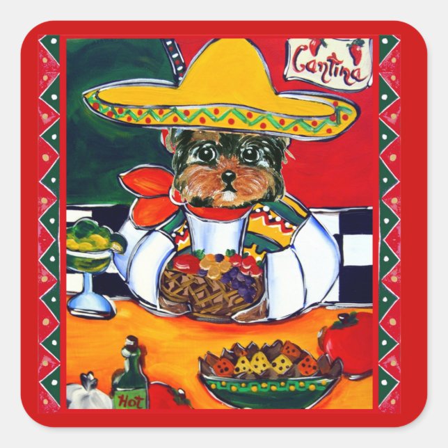 Pegatina Cuadrada Yorkie Poo Cinco de Mayo (Anverso)