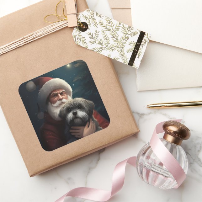 Pegatina Cuadrada Yorkipoo con Navidades festivos de Santa Claus (Regalar)