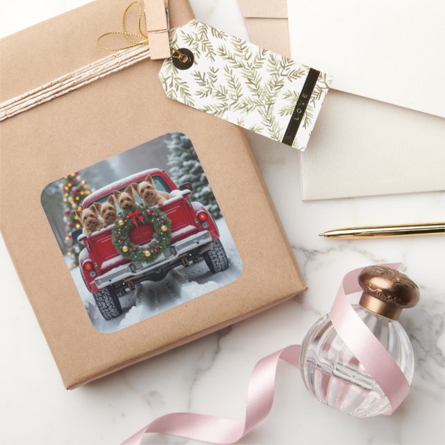 Pegatina Cuadrada Yorkshire Terrier Christmas Red Truck Holiday Gift (Regalar)