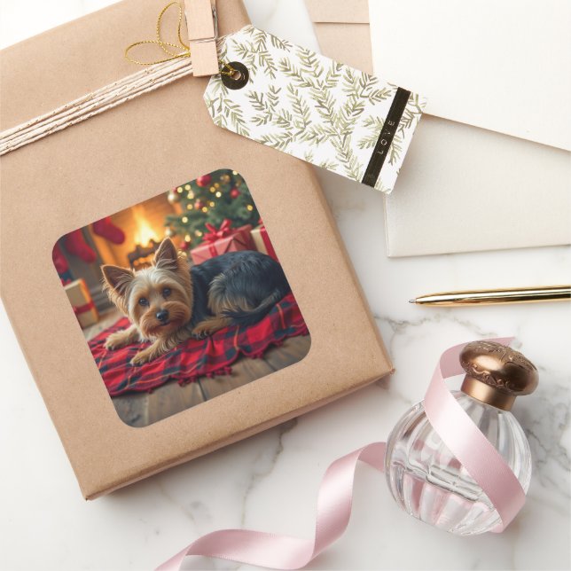 Pegatina Cuadrada Yorkshire Terrier Cozy Christmas Evening Painting (Regalar)