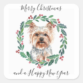 Pegatina Cuadrada Yorkshire Terrier Elegant Dog Feliz Navidad