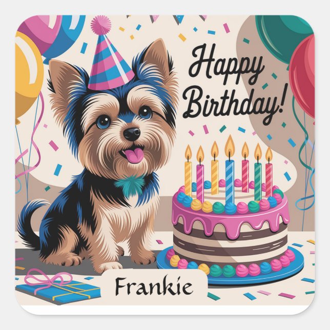 Pegatina Cuadrada Yorkshire Terrier Happy Birday (Anverso)