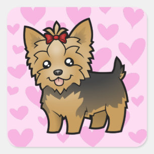 Pegatina Cuadrada Yorkshire Terrier Love (pelo corto con arco)