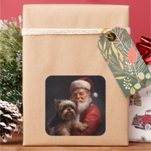 Pegatina Cuadrada Yorkshire Terrier Papá Noel Navideño Festivo