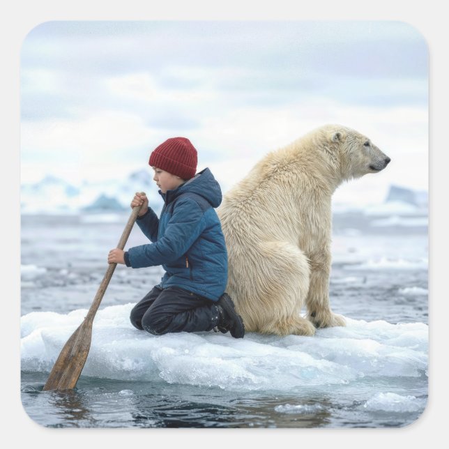 Pegatina Cuadrada Young Boy on Ice Rescuing a Polar Bear (Anverso)