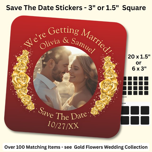 Pegatina Cuadrada Your Photo, Save The Date, Gold Flowers Maroon Red (Subido por el creador)