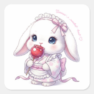 Pegatina Cuadrada Yukata Bunny with Apple Candy - Pink Pastel Ribbon
