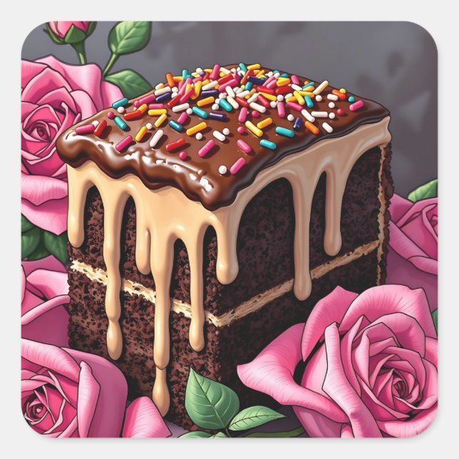 Pegatina Cuadrada Yummy Chocolate Birthday Cake with Sprinkles (Anverso)
