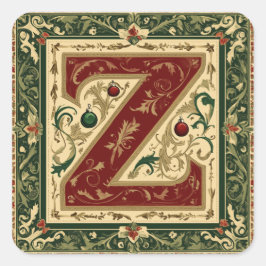 Pegatina Cuadrada Z roja festiva con vegetación Navidad