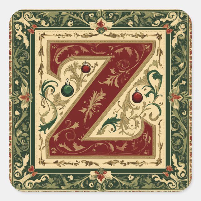 Pegatina Cuadrada Z roja festiva con vegetación Navidad (Anverso)