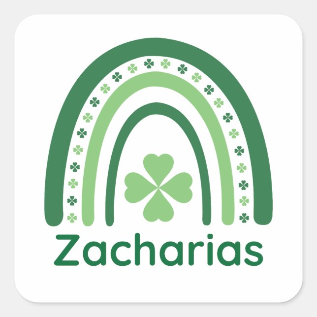 Pegatina Cuadrada Zacharias Nombre Clover Boho Rainbow (Anverso)