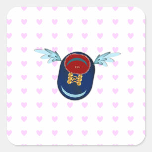 Pegatina Cuadrada Zapato alado de dibujos animados y corazones rosad