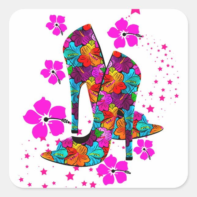Pegatina Cuadrada Zapatos de tacón alto de verano Flores rosadas cal (Anverso)