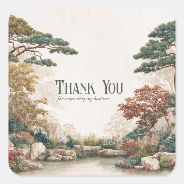 Pegatina Cuadrada Zen Asian Pine Tree Water Garden Rustic Scenery (Anverso)