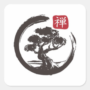 Pegatina Cuadrada Zen Bonsai Tree Enso Círculo japonés