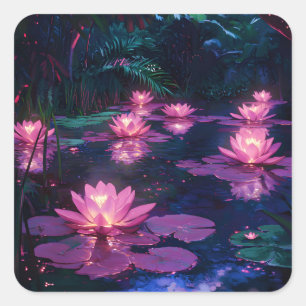Pegatina Cuadrada Zen de medianoche Naturaleza Estanque de Loto Rosa