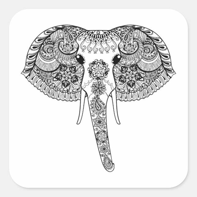 Pegatina Cuadrada Zentangle inspiró al elefante indio (Anverso)