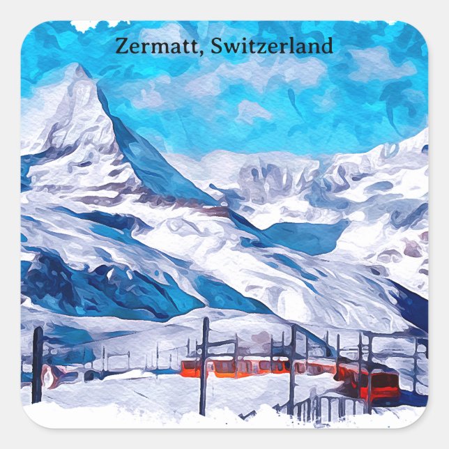 Pegatina Cuadrada Zermatt Suiza Alpes suizos acuarela de invierno (Anverso)