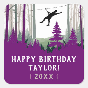 Pegatina Cuadrada Zipline Nature Adventure Purple Forest Birday